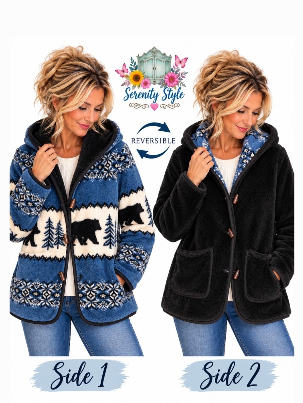 Nordic Lights Reversible Bear Snowflake Fleece Hooded Coat Small